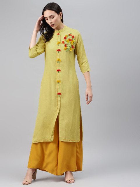 

Nehamta Women Yellow Embroidered Straight Kurta