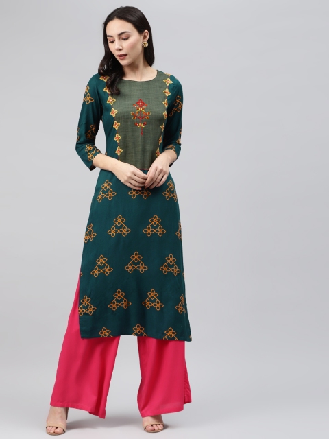

Nehamta Women Teal Green & Mustard Yellow Ethnic Print Kantha Embroidered Straight Kurta
