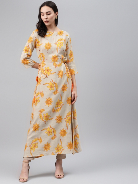 

Nehamta Women Grey & Yellow Floral Printed A-Line Kurta With Tie-Ups