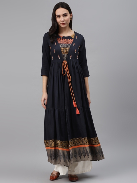 

Nehamta Women Navy Blue & Orange Ethnic Print Pleated Kurta with Tiered Ethnic Jacket