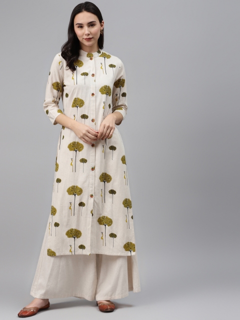 

Nehamta Women Off-White & Green Ethic Motifs Print Straight Kurta with Thread Work Detail