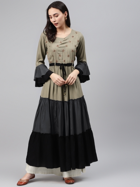

Nehamta Women Grey & Black Colourblocked Tiered Anarkali Kurta with Waist Tie-Up