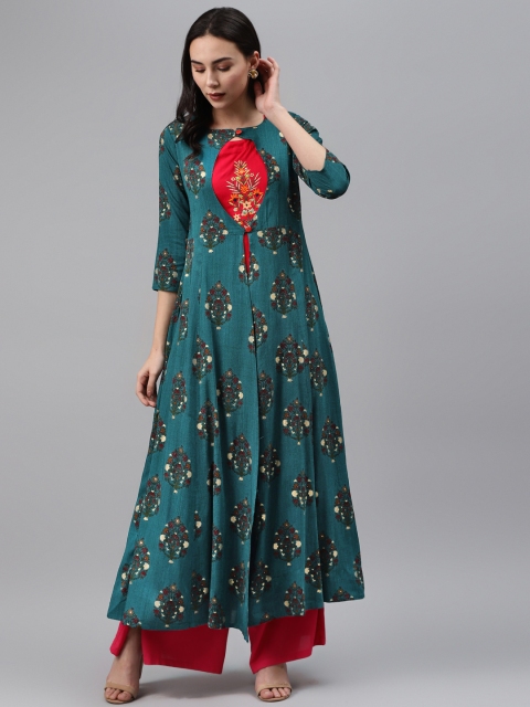 

Nehamta Women Red Embroidered Panalled A-Line Kurta with Ethnic Jacket