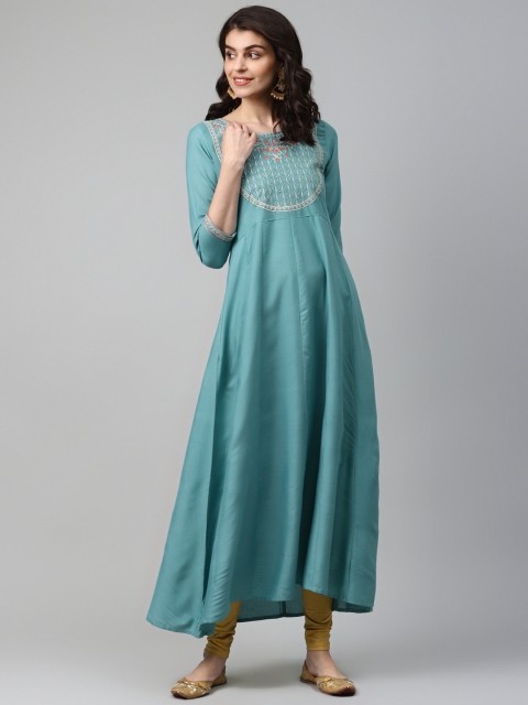 

Yufta Women Green & Gold-Coloured Embroidered A-Line Kurta