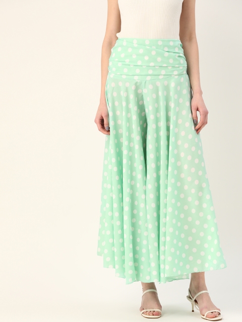 

Trend Arrest Women Green & Off-White Polka Dot Print Smocked Flared Palazzos