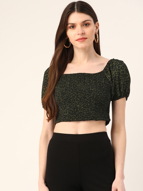 

Trend Arrest Women Green & Black Leopard Print Smocked Crop Top