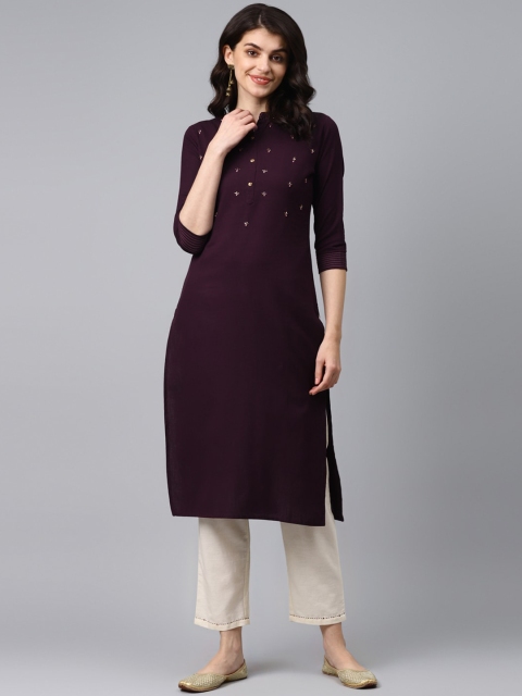 

Yufta Women Burgundy & Cream-Coloured Solid Kurta with Trousers