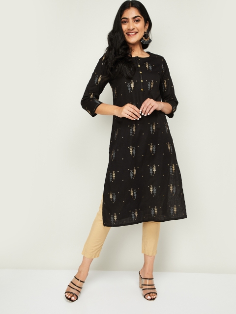 

Melange by Lifestyle Women Black & Golden-Coloured Printed A-Line Kurta