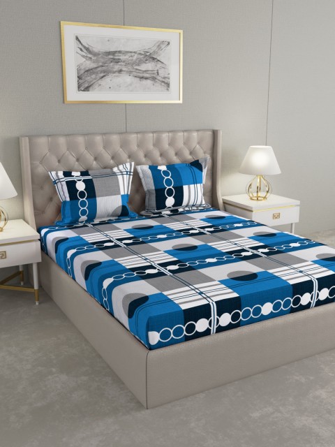 

Raymond Home White & Blue Abstract 104 TC Cotton 1 Queen Bedsheet with 2 Pillow Covers