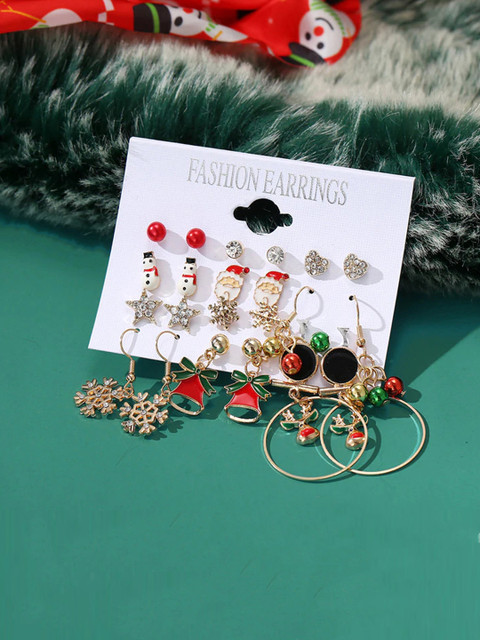 

Jewels Galaxy Set of 12 Gold-Plated Stone-Studded Christmas Season Earrings
