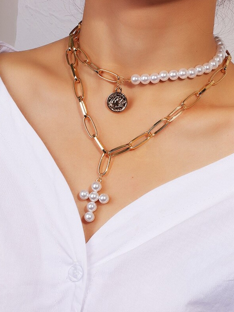 

Jewels Galaxy White Gold-Plated Artificial Beaded Cross & Coin Shaped Link Necklace