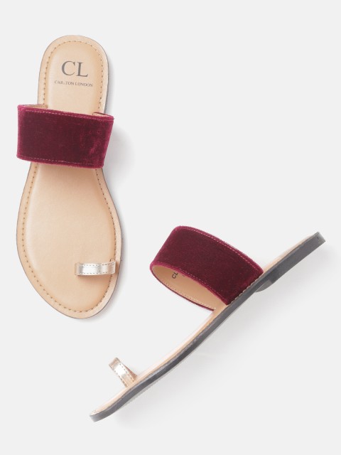 

Carlton London Women Maroon & Gold-Toned Velvet Finish Colourblocked One Toe Flats