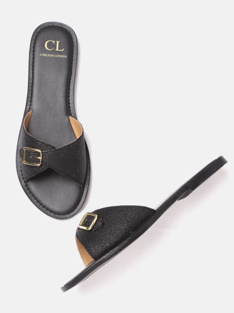 

Carlton London Women Black Shimmer Open Toe Flats with Buckle Detail