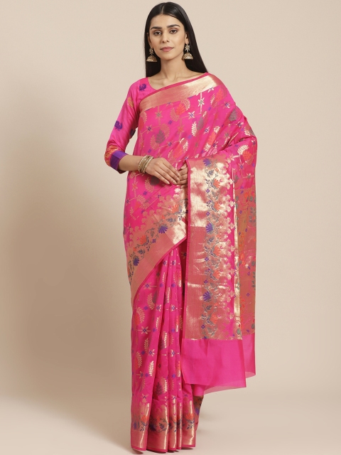 

Chhabra 555 Pink & Golden Woven Design Chanderi Handloom Saree