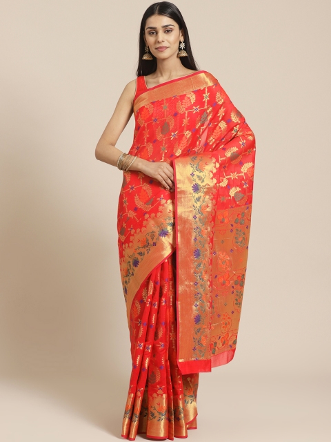 

Chhabra 555 Red & Golden Zari & Resham Handloom Woven Design Chanderi Saree