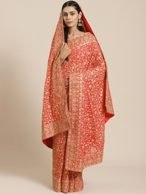 

Chhabra 555 Coral & Golden Heavy Embroidered Saree With Embroidered Dupatta