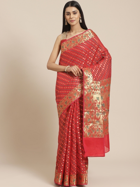 

Chhabra 555 Red & Golden Handloom Zari & Resham Ikat Woven Design Banarasi Saree