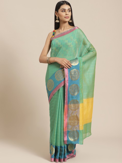 

Chhabra 555 Green & Golden Woven Design Chanderi Handloom Saree