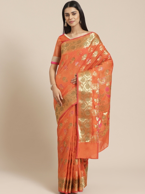 

Chhabra 555 Orange & Golden Zari & Resham Handloom Woven Design Chanderi Saree