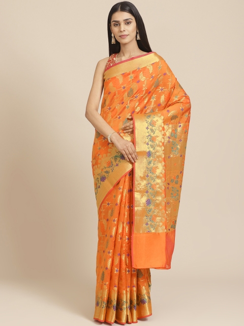 

Chhabra 555 Orange & Golden Zari & Resham Woven Design Chanderi Saree