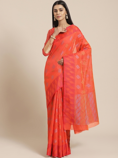 

Chhabra 555 Rust Orange & Blue Handloom Woven Design Chanderi Saree