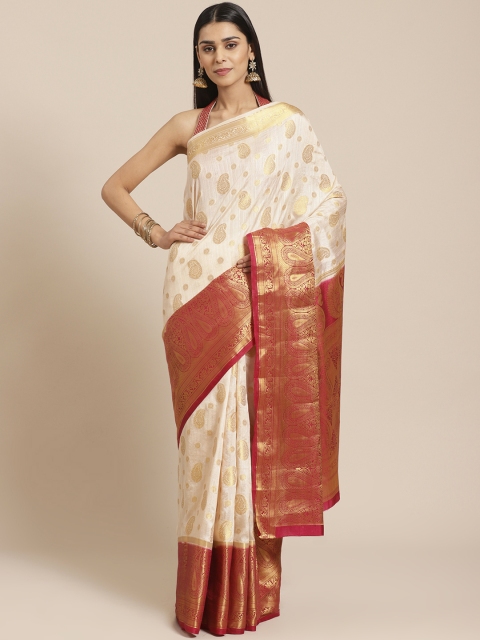 

Chhabra 555 Off-White & Golden Handloom Zari Woven Design Kanjeevaram Saree