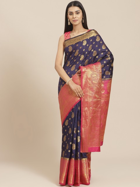 

Chhabra 555 Navy Blue & Gold Zari Paisely Handloom Woven Design Kanjeevaram Saree