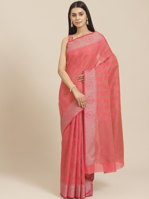 

Chhabra 555 Pink & Golden Handloom Woven Design Chanderi Saree