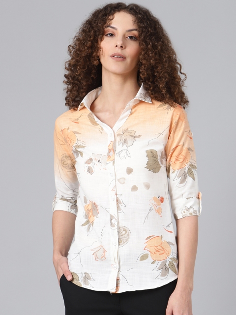 

Shaftesbury London Women White & Peach-Coloured Cotton Smart Slim Fit Floral Casual Shirt