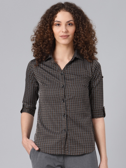 

Shaftesbury London Women Black & Brown Smart Slim Fit Self Design Casual Shirt