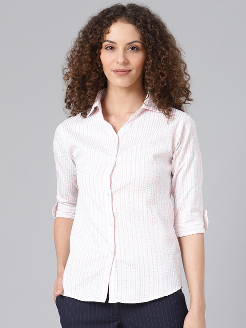 

Shaftesbury London Women Off-White & Golden Cotton Smart Slim Self-Striped Casual Shirt