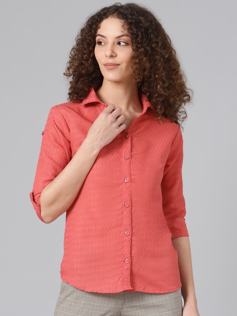 

Shaftesbury London Women Peach-Coloured Smart Slim Self Design Cotton Semiformal Shirt