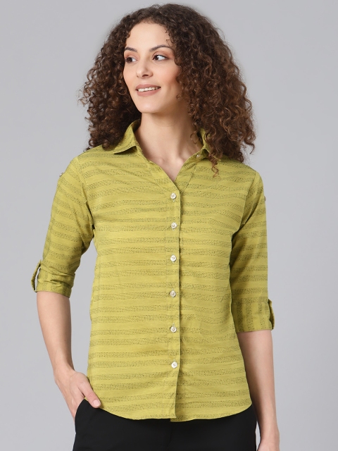 

Shaftesbury London Women Green Smart Slim Fit Striped Casual Shirt