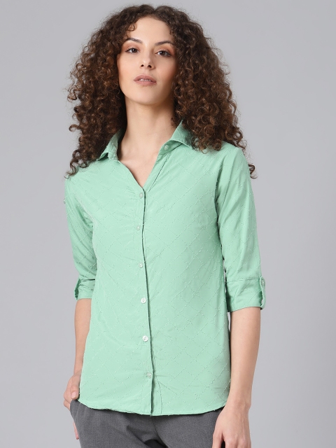 

Shaftesbury London Women Green Smart Slim Fit Self Design Casual Shirt