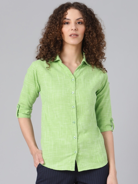 

Shaftesbury London Women Lime Green Cotton Smart Slim Fit Solid Casual Shirt