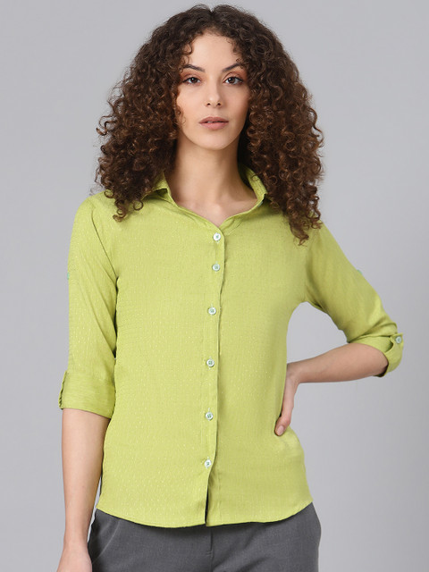 

Shaftesbury London Women Lime Green Smart Slim Fit Self Design Pure Cotton Casual Shirt