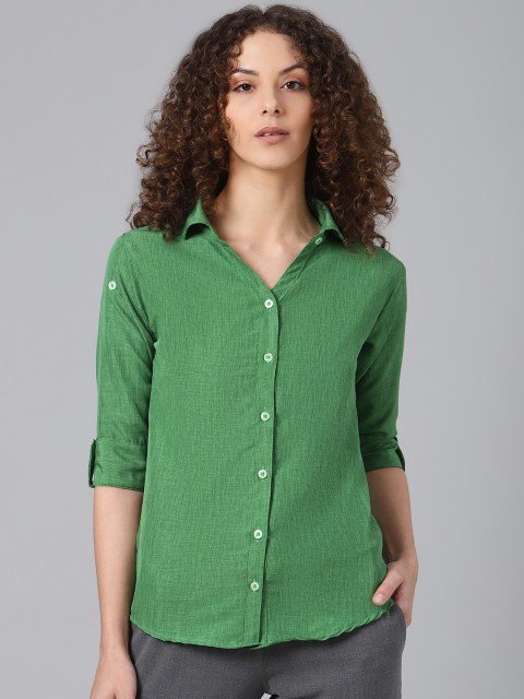 

Shaftesbury London Women Green Smart Slim Fit Solid Pure Cotton Casual Shirt