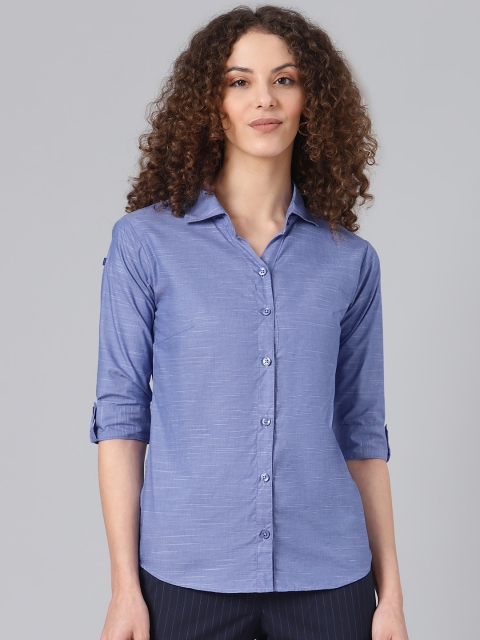 

Shaftesbury London Women Blue Cotton Smart Slim Fit Solid Casual Shirt