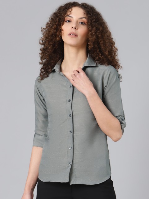 

Shaftesbury London Women Grey Smart Slim Fit Self Design Pure Cotton Casual Shirt
