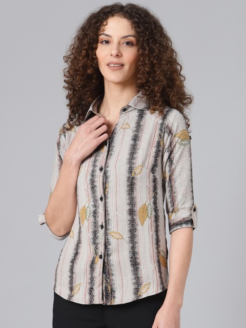 

Shaftesbury London Women Grey & Black Cotton Slim Fit Self-Striped Casual Shirt