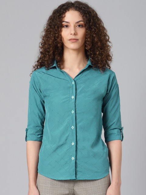 

Shaftesbury London Women Blue Smart Slim Fit Self Design Pure Cotton Semiformal Shirt