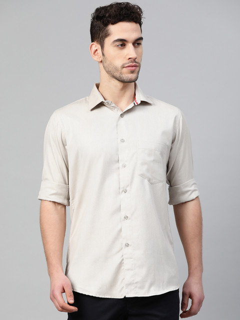 

Shaftesbury London Men Beige Cotton Smart Slim Fit Self Design Casual Shirt