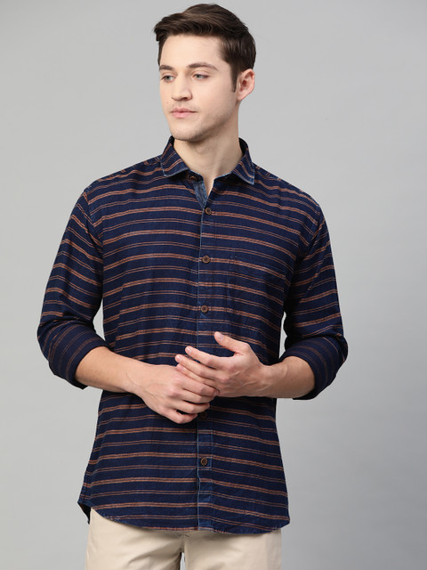 

Shaftesbury London Men Navy Blue & Brown Slim Fit Striped Semiformal Shirt