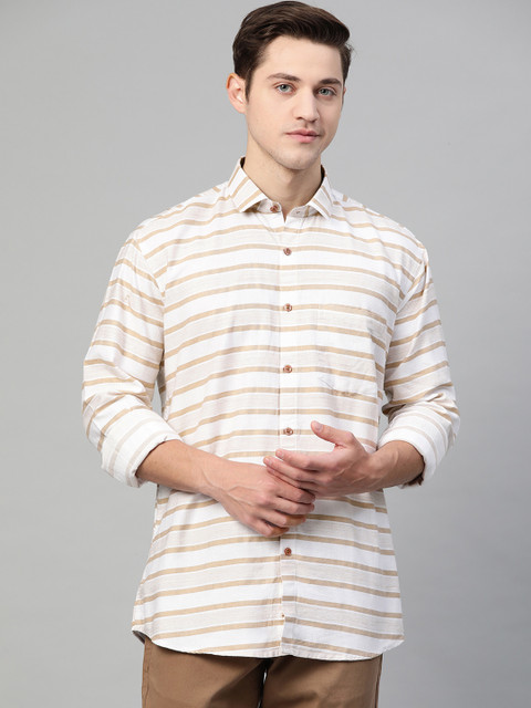 

Shaftesbury London Men Off-White & Beige Slim Fit Striped Casual Shirt