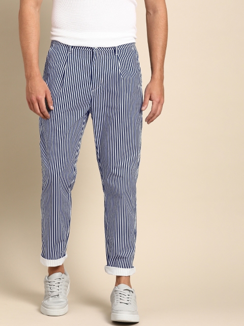 

ether Men White & Navy Blue Slim Tapered Fit Striped Chinos