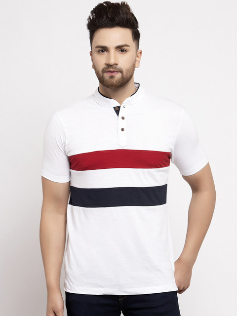 

Kalt Men Red Striped Mandarin Collar T-shirt