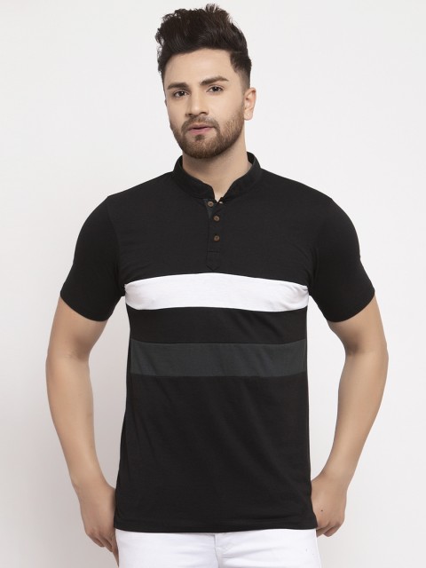 

Kalt Men Black & White Striped Mandarin Collar T-shirt