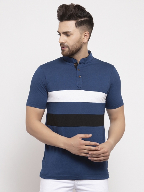

Kalt Men Navy Blue Striped Polo Collar T-shirt