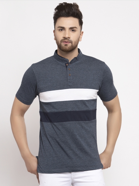 

Kalt Men Navy Blue & White Striped Mandarin Collar T-shirt