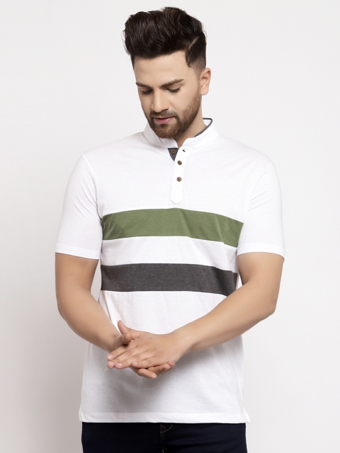 

Kalt Men White Striped Mandarin Collar T-shirt